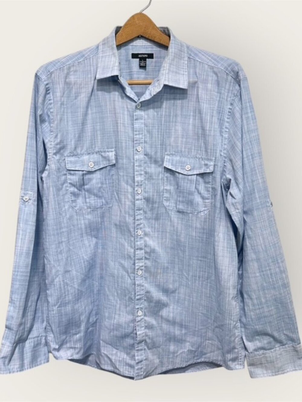 Alfani Mens  Button Up Dress Shirt Long Sleeve Heathered Light Blue Size L